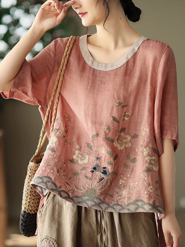 Embroidery Ramie Casual Autumn Women T Shirt