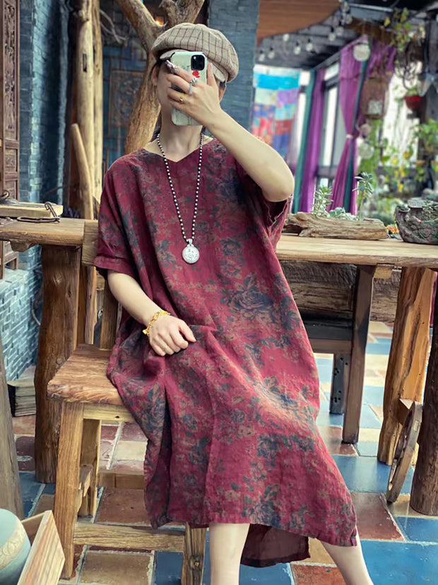 Linen Floral Vintage Summer Loose Dress