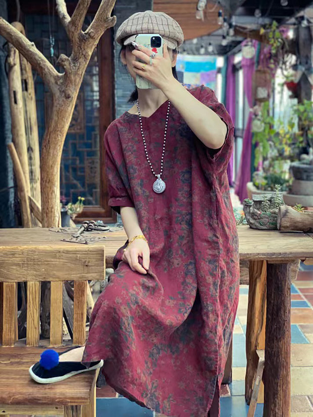 Linen Floral Vintage Summer Loose Dress