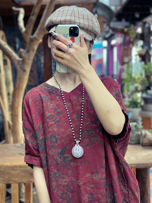 Linen Floral Vintage Summer Loose Dress