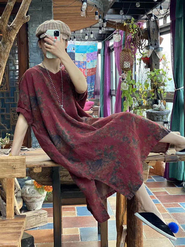 Linen Floral Vintage Summer Loose Dress