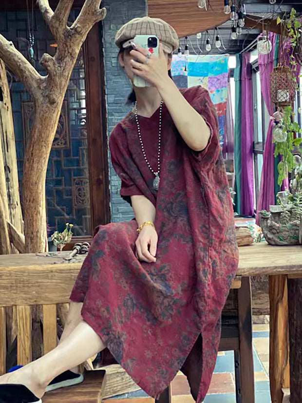 Linen Floral Vintage Summer Loose Dress
