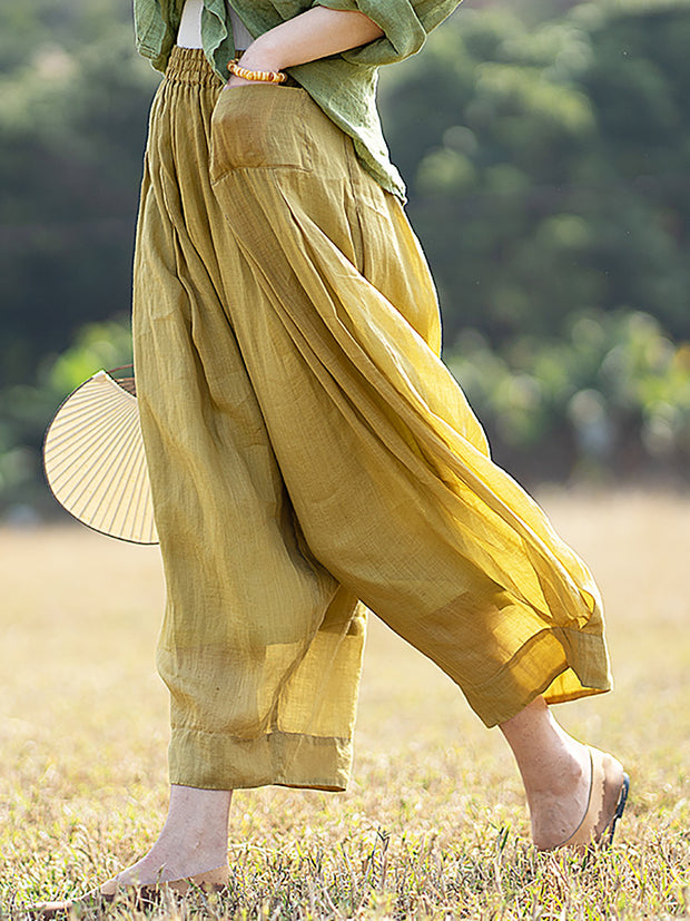 Ramie Summer Elastic Waist Loose Pants