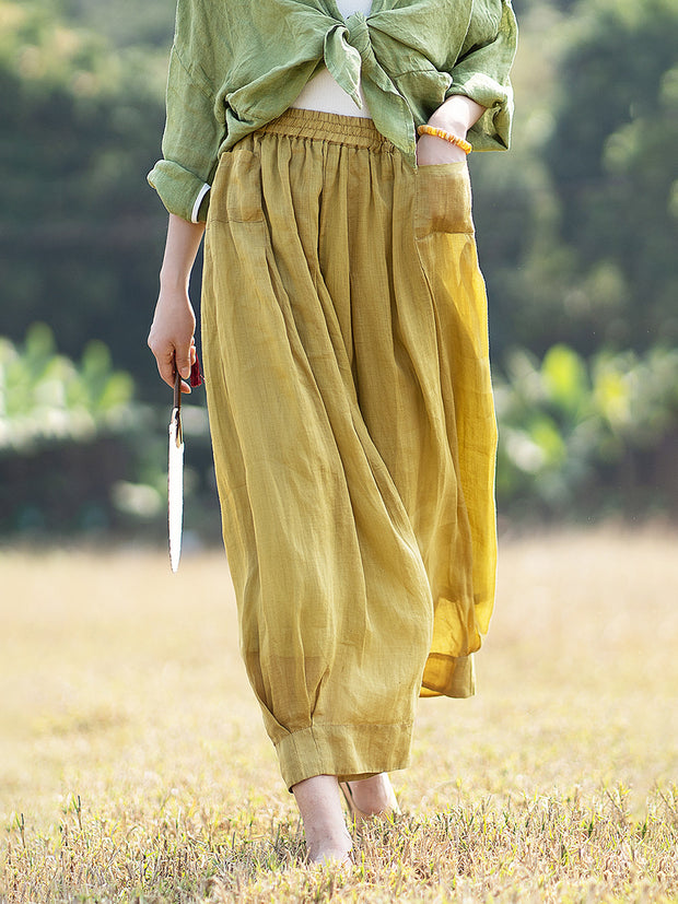 Ramie Summer Elastic Waist Loose Pants