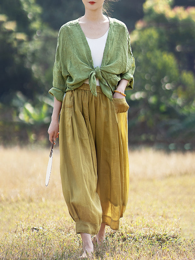 Ramie Summer Elastic Waist Loose Pants