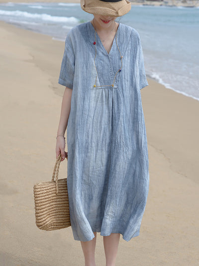 V Neck Vintage Linen Women Loose Dress