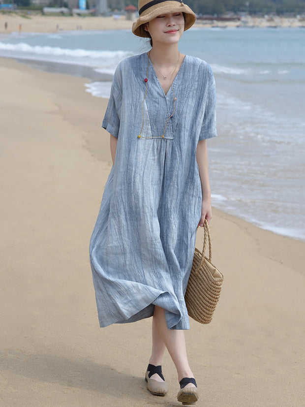 V Neck Vintage Linen Women Loose Dress