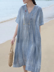 V Neck Vintage Linen Women Loose Dress