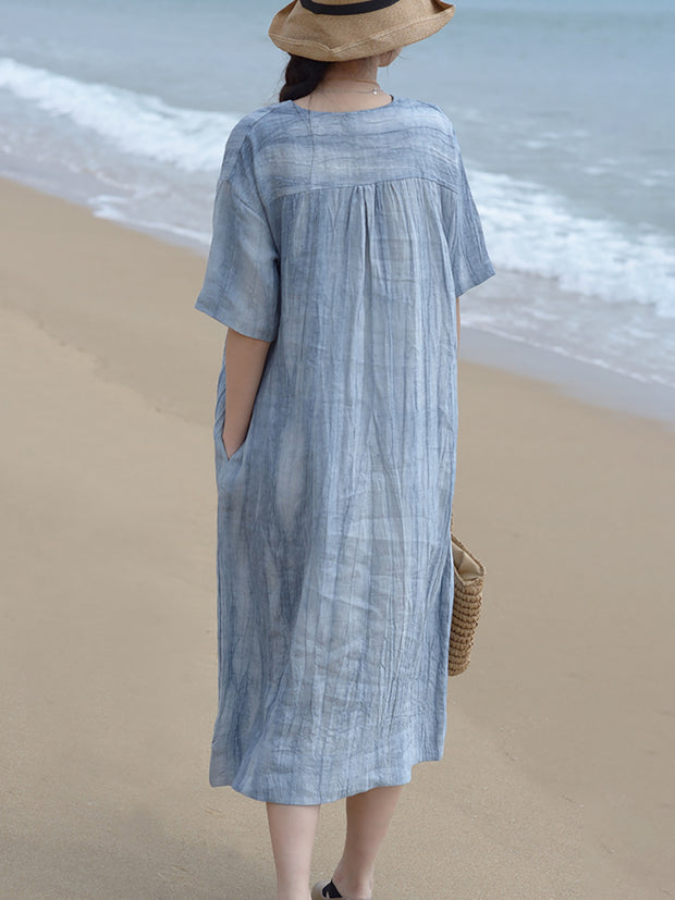 V Neck Vintage Linen Women Loose Dress