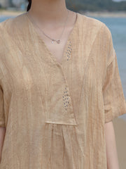 V Neck Vintage Linen Women Loose Dress