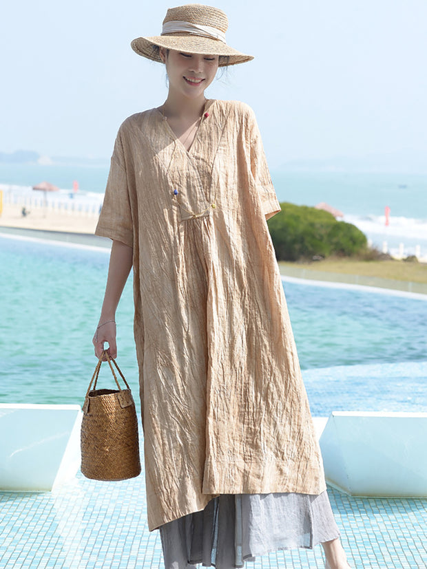 V Neck Vintage Linen Women Loose Dress