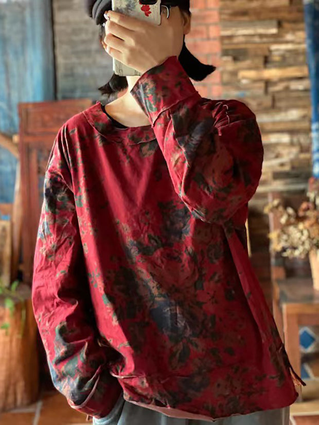 Women Cotton Floral Vintage Long Sleeve Loose T Shirt