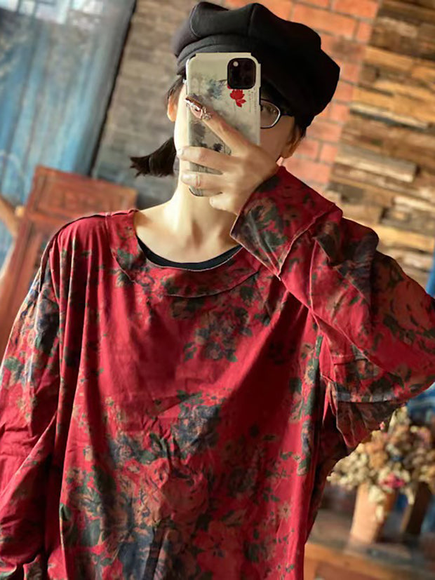Women Cotton Floral Vintage Long Sleeve Loose T Shirt