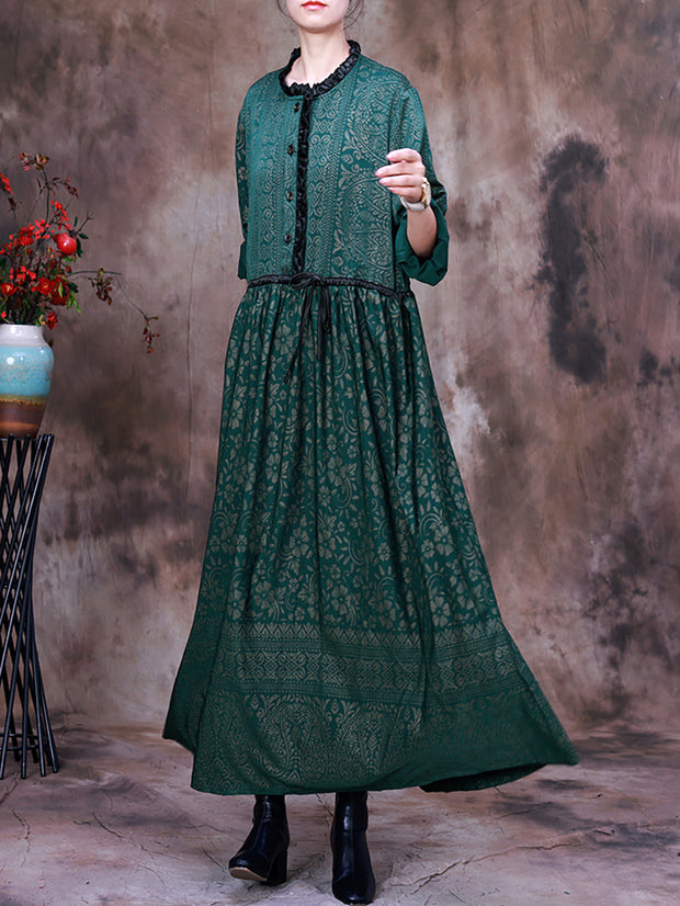 Women Print  Lacing Long Sleeves Dress