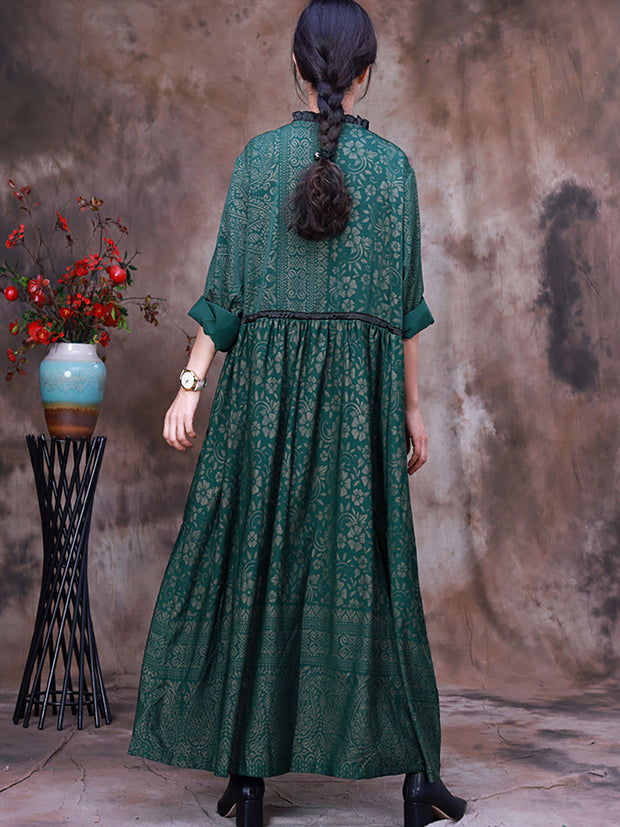 Women Print  Lacing Long Sleeves Dress