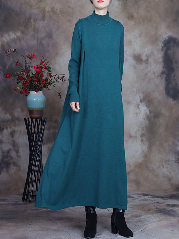 Women Artsy Solid Stand Collar Maxi Dress