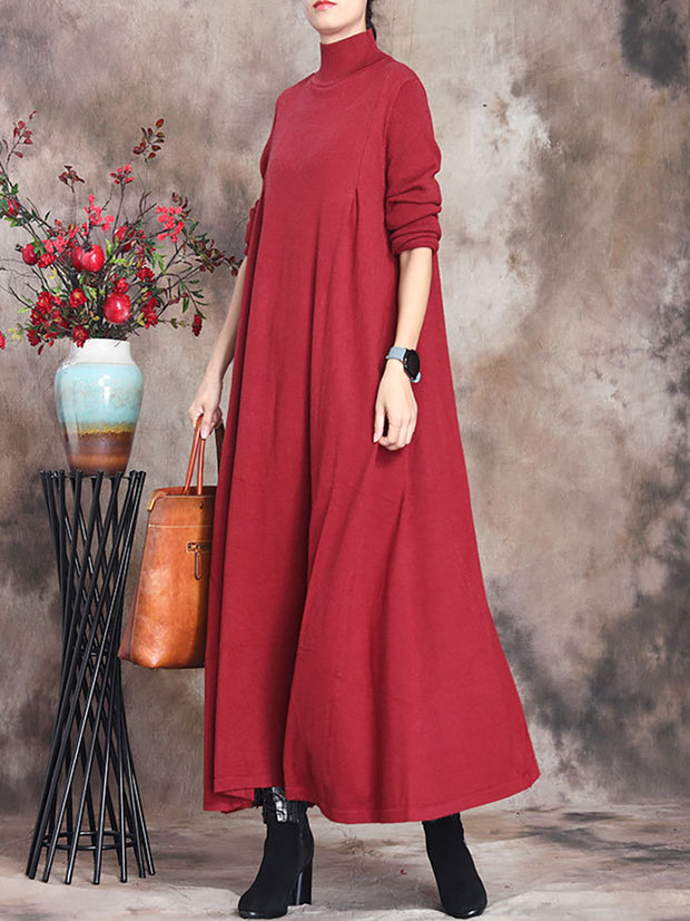Women Artsy Solid Stand Collar Maxi Dress