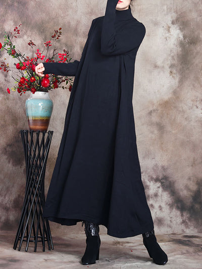 Women Artsy Solid Stand Collar Maxi Dress