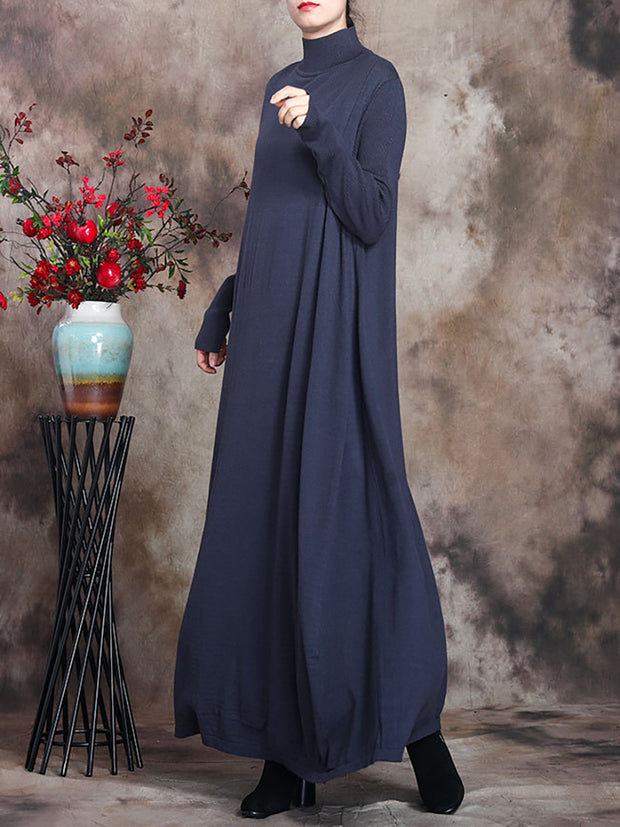 Women Artsy Solid Stand Collar Maxi Dress