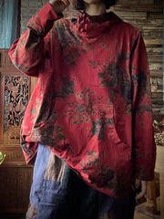 Women Vintage Print Cotton Hooded T-Shirt