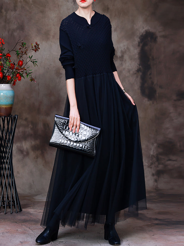 Autumn Women Vintage Soild Long Sleeve Dress