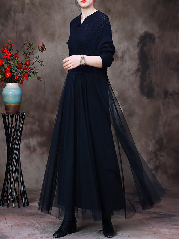Autumn Women Vintage Soild Long Sleeve Dress