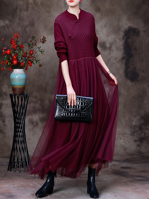 Autumn Women Vintage Soild Long Sleeve Dress