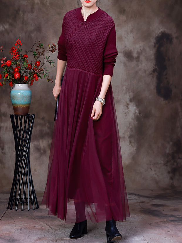 Autumn Women Vintage Soild Long Sleeve Dress
