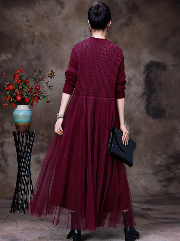Autumn Women Vintage Soild Long Sleeve Dress