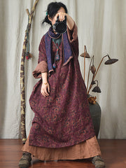 Damen-Kleid mit lockerem Leinendruck, Vintage-Stil, V-Ausschnitt