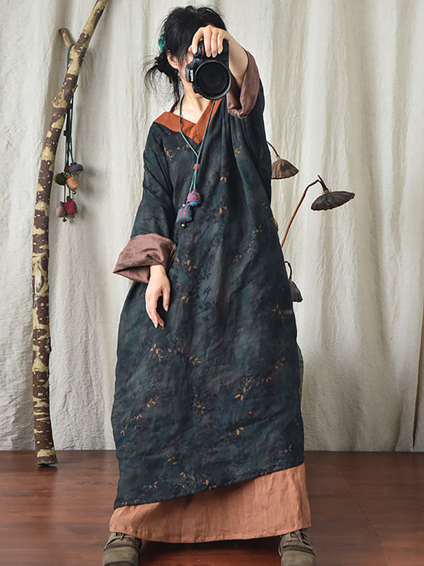 Damen-Kleid mit lockerem Leinendruck, Vintage-Stil, V-Ausschnitt