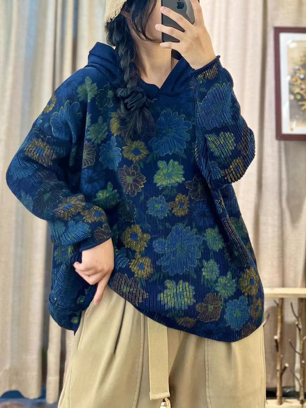 Women Autumn Cotton Print Hooded Loose Sweater