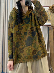 Women Autumn Cotton Print Hooded Loose Sweater