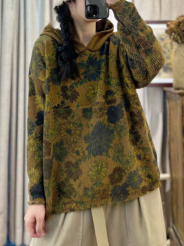 Women Autumn Cotton Print Hooded Loose Sweater