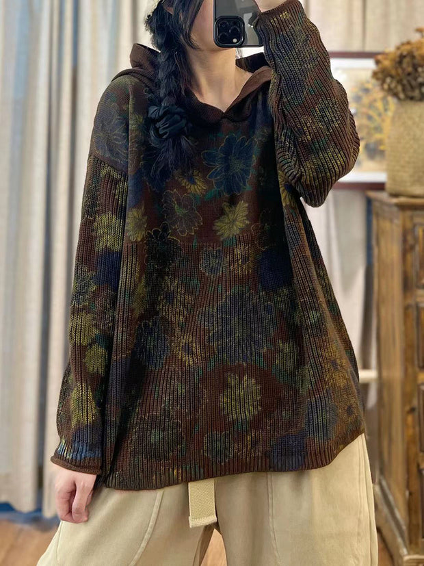 Women Autumn Cotton Print Hooded Loose Sweater