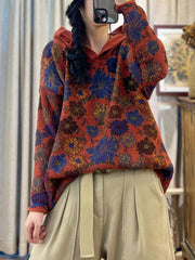 Women Autumn Cotton Print Hooded Loose Sweater