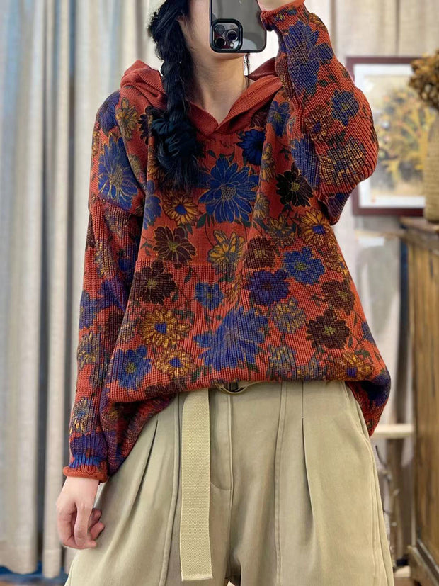 Women Autumn Cotton Print Hooded Loose Sweater