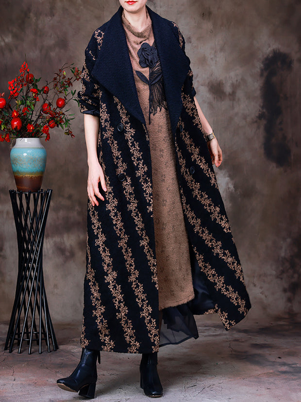 Winter Jacquard Long Over-the-Knee Turn-down Collar Coat