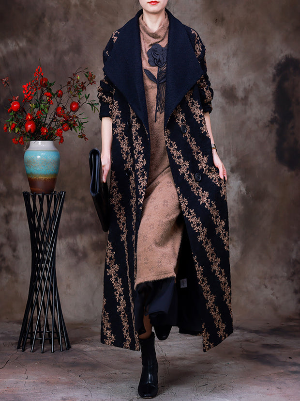 Winter Jacquard Long Over-the-Knee Turn-down Collar Coat