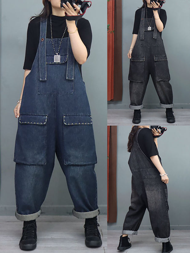 Women Winter Baggy Rivet Pocket Denim Overalls Jumpsuit