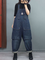 Women Winter Baggy Rivet Pocket Denim Overalls Jumpsuit