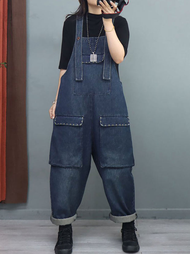 Women Winter Baggy Rivet Pocket Denim Overalls Jumpsuit