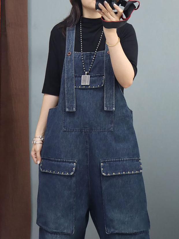 Women Winter Baggy Rivet Pocket Denim Overalls Jumpsuit