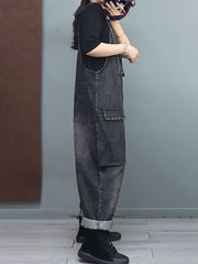 Women Winter Baggy Rivet Pocket Denim Overalls Jumpsuit