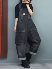 Women Winter Baggy Rivet Pocket Denim Overalls Jumpsuit