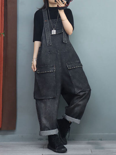 Women Winter Baggy Rivet Pocket Denim Overalls Jumpsuit