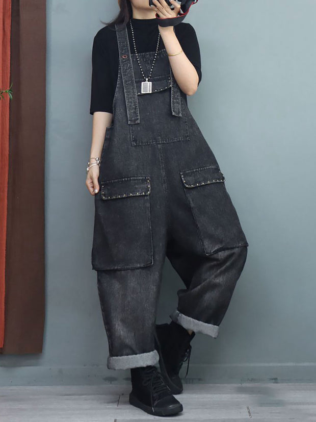 Women Winter Baggy Rivet Pocket Denim Overalls Jumpsuit