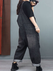 Women Winter Baggy Rivet Pocket Denim Overalls Jumpsuit