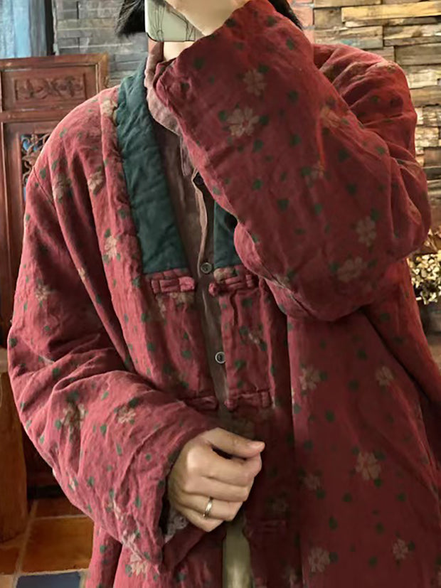 Women Print Washed Linen Padded Coat