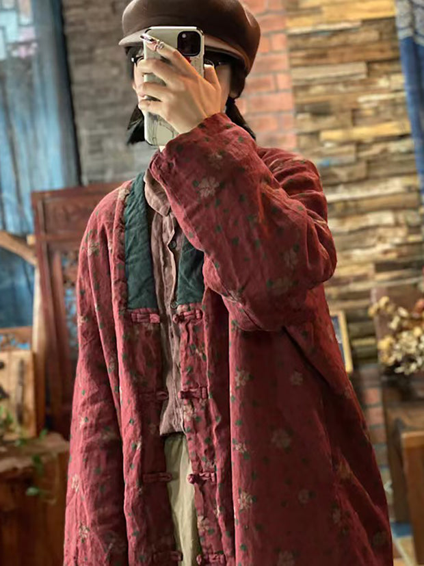 Women Print Washed Linen Padded Coat
